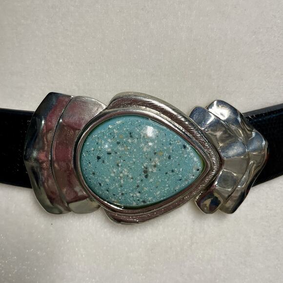 Chicos Leather Slide Belt Size S/M Black Turquoise Silver Tone Buckle Boho - Picture 3 of 8